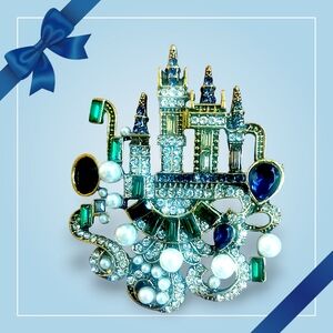 Rhinestone And Faux Pearl Castle Brooch